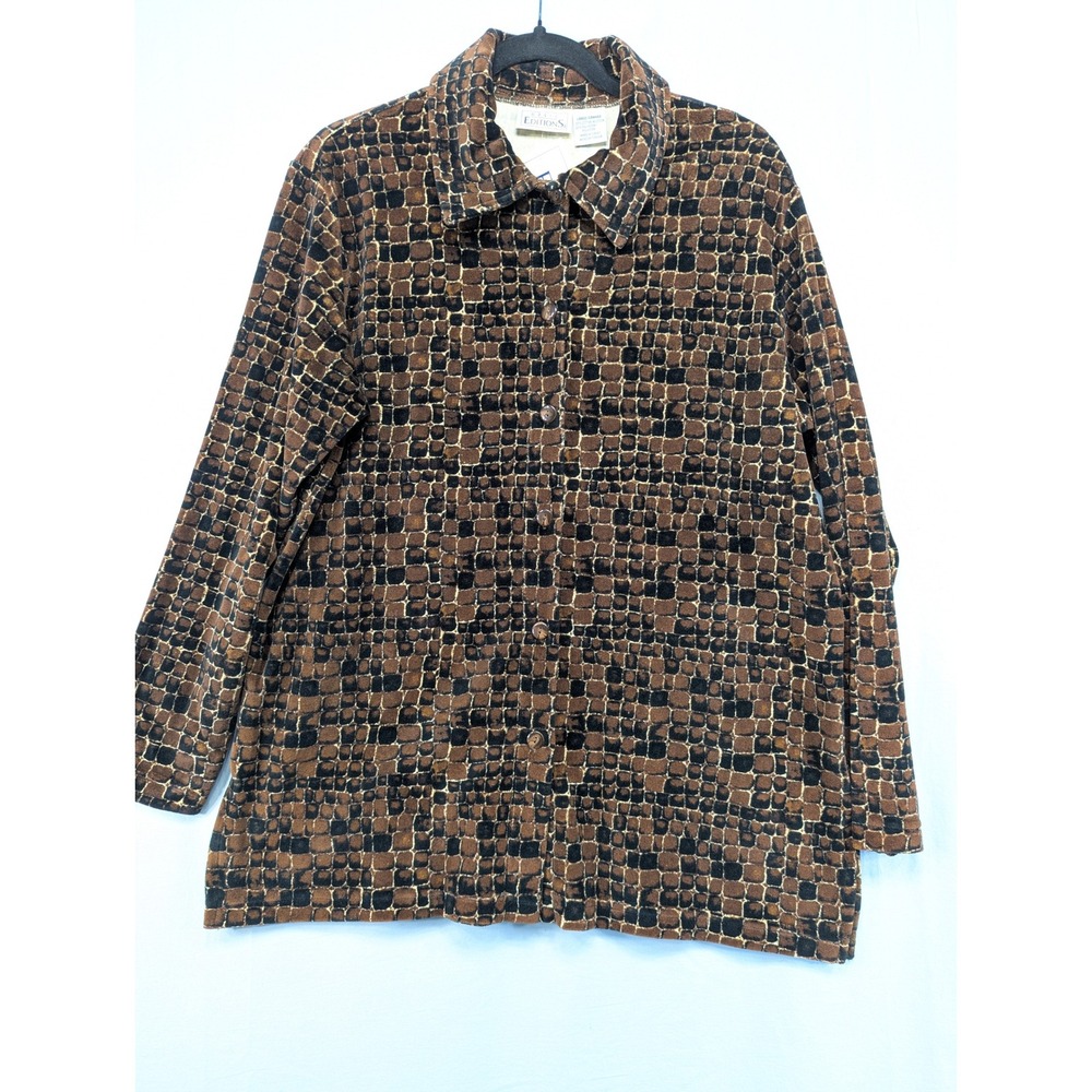 Basic Editions Women's Brown Black Geometric Print Button Down Shirt L